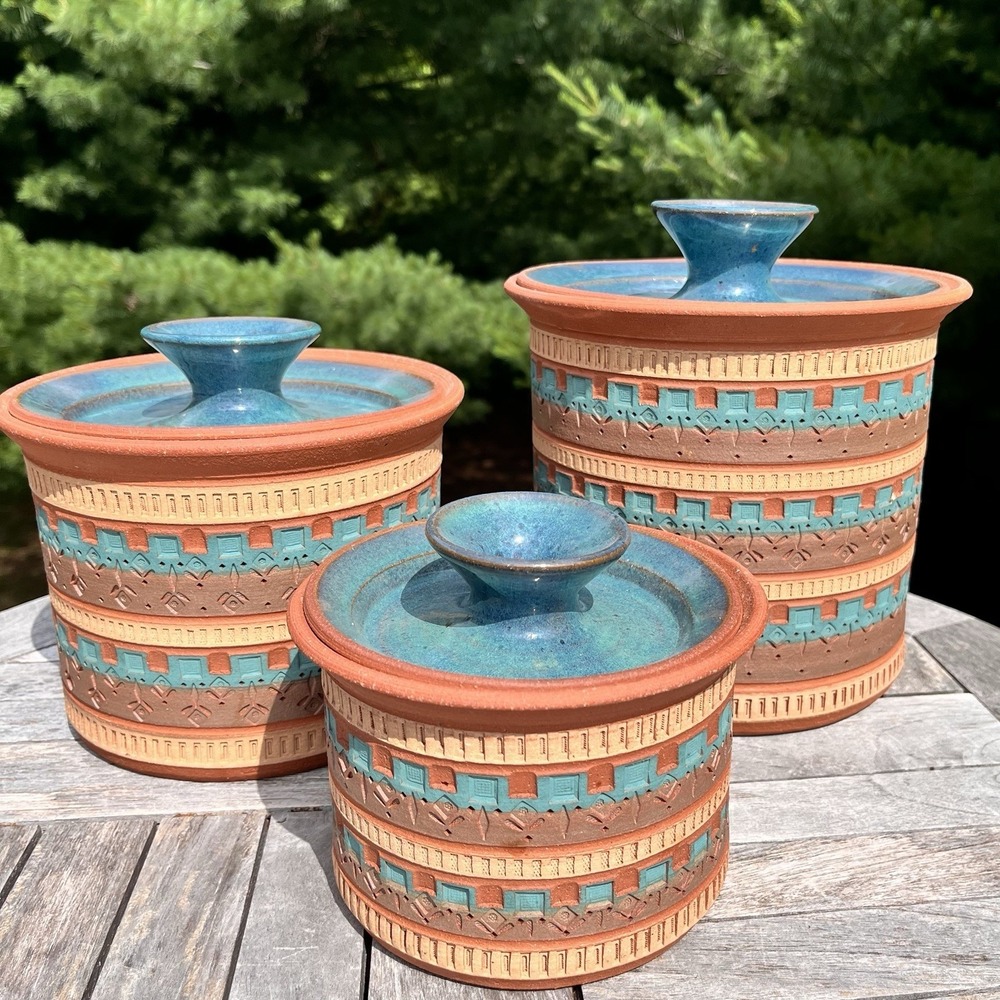 J. Wasechek 1997 Southwest Canister Set Signed Studio Art Pottery 3 Pc Lidded